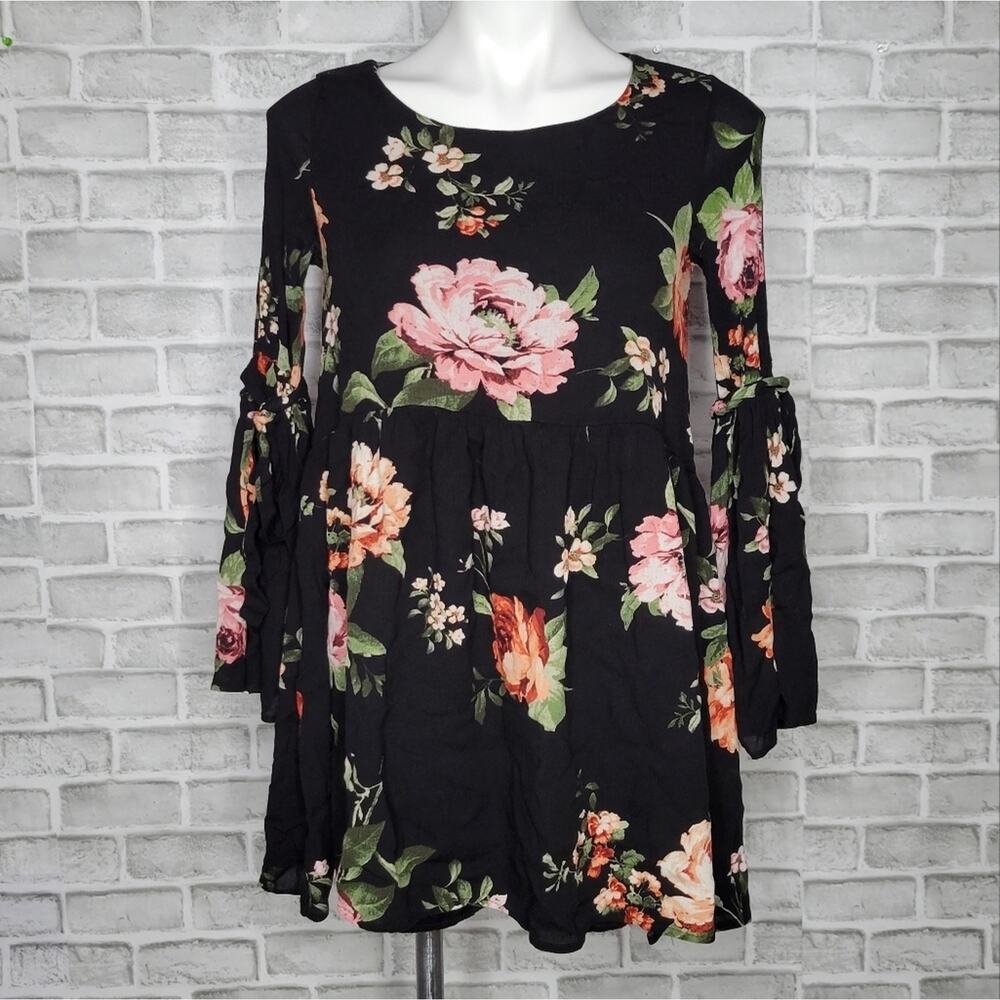 Altar'd State Black Floral Bell Sleeve Mini Dress, size Small